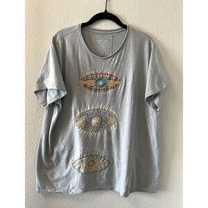 Kyla Seo Comfort Lula Tee Size Large Embroidered Eyes Crewneck Boho Relaxed